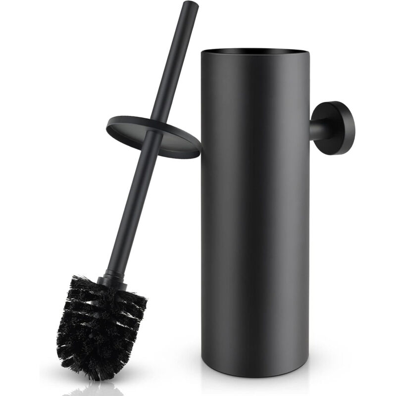 Aquasup - Brosse de Toilette avec Porte-balai wc Mural et Support avec Couvercle pour Salle de Bains en Acier Inoxydable Noir