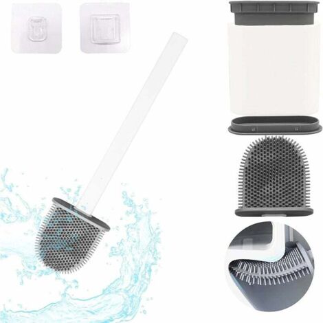 Brosse de Toilette Brosse WC en Silicone pour Salle de Bain avec Support Murale Blanc Manche Long Antibacterienne Flexible Plate Brosse de Toilette à Séchage Rapide