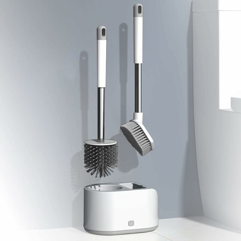 Longziming - Brosse de toilette en silicone avec support, brosse de nettoyage 2 en 1 salle de bain poignée en acier inoxydable brosse de toilette