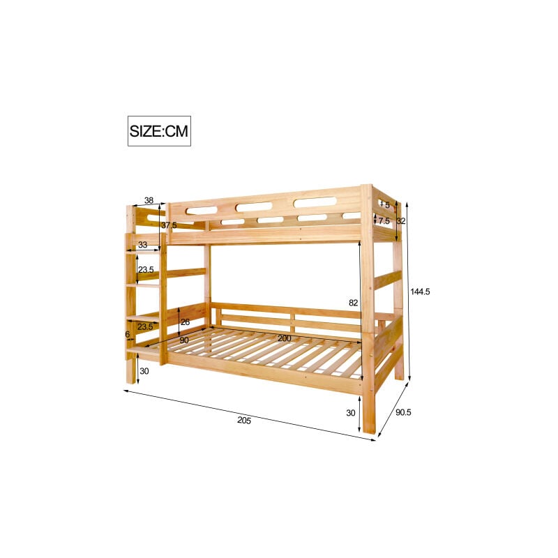 Lit superposé pour enfants et adolescents, 90x200cm lit d'enfant, divisé en 2 lits simples, cadre stable en pin, montage facile, naturel,
