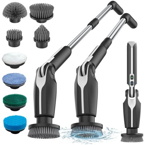 Brosse Électrique Nettoyage, Brosse Nettoyage sans Fil avec 8 Brosses remplaçables, Télécommande, 2 Vitesses de Rotation et Longueur Réglable 38-132CM pour Salle de Bain/Cusine/Voiture