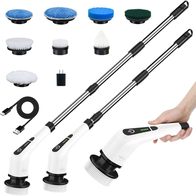 Brosse Electrique Nettoyage Rotative, Brosse de Nettoyage sans Fil avec 8 Têtes de Brosse Remplaçables, Electric Spin Scrubber avec Poignée Réglable