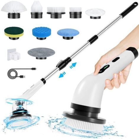 Brosse Electrique Nettoyage Rotative, Brosse de Nettoyage sans Fil avec 9 Têtes de Brosse Remplaçables,avec Poignée Réglable