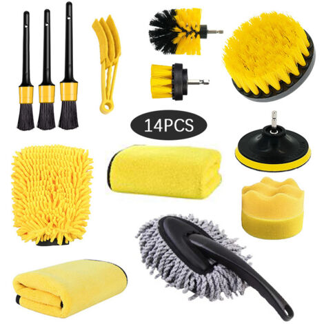 Brosse électrique pour perceuse, brosse de nettoyage de voiture, kit de nettoyage de pneus jaune 14 pièces pour lavage de voiture