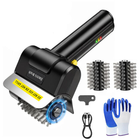 Brosse électrique sans fil pour barbecue, brosse de nettoyage à rouleau en fil d'acier inoxydable, nettoyant pour barbecue d'extérieur rechargeable 2000 mAh avec gants et 2 têtes de brosse.