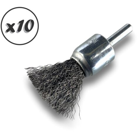 Brosse en bout sur tige  Forme pinceau  Fil ACIER souple  Diamètres variés - Quantité x10 - Ø 18 mm - acier - Souple