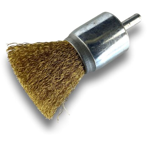 Brosse en bout sur tige  Forme pinceau  Fil LAITON souple  Diamètres variés - Quantité x 1 - Ø 28 mm - LAITON - Souple