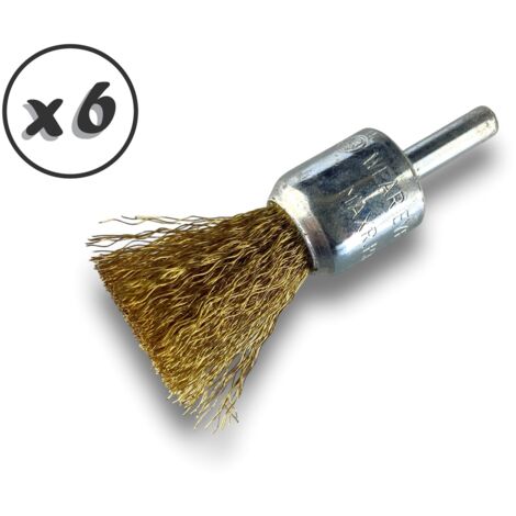 Brosse en bout sur tige  Forme pinceau  Fil LAITON souple  Diamètres variés - Quantité x 6 - Ø 18 mm - LAITON - Souple