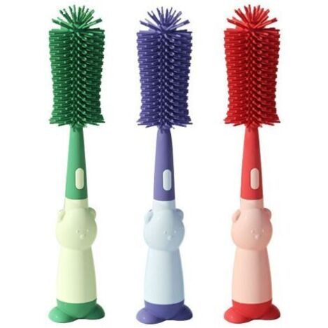 Brosse en plastique avec manche à rouleau, lot de trois, verte, violette, rouge - brosse de nettoyage en silicone pour biberons - brosse spéciale pratique pour nettoyer les biberons de bébé