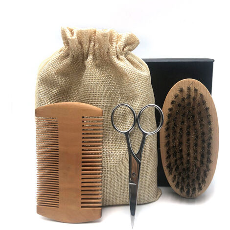 Brosse et peigne à barbe Hair Dough, ensemble de ciseaux pour hommes, comprenant une brosse en poils de sanglier doux, un peigne à dents larges en bambou et des ciseaux à moustache. Lissez et adouciss