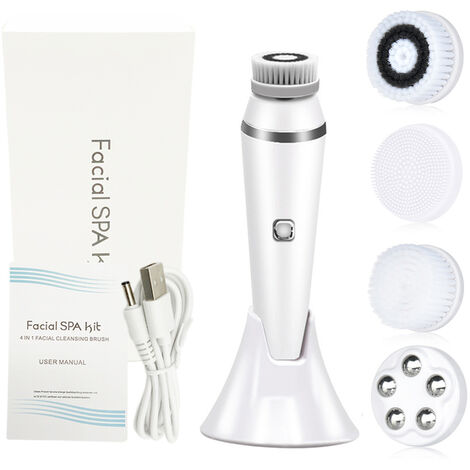 Brosse faciale électrique 4 en 1, Spa pour la peau du visage, nettoyage de la peau, masseur, Rechargeable par USB, avec 4 têtes, outil de beauté propre,White Retail Box