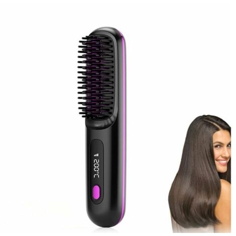 Brosse lissante sans fil pour cheveux, peigne chauffant électrique portable, noir