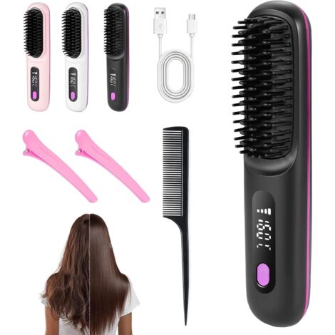 Brosse Lissante sans fil,Mini Portable électrique Anti-BrûLure Brosse Chauffante avec Affichage LCD Rrechargeable, pour Tous Les Types de Cheveux,Quotidien et en Voyage(Noir)