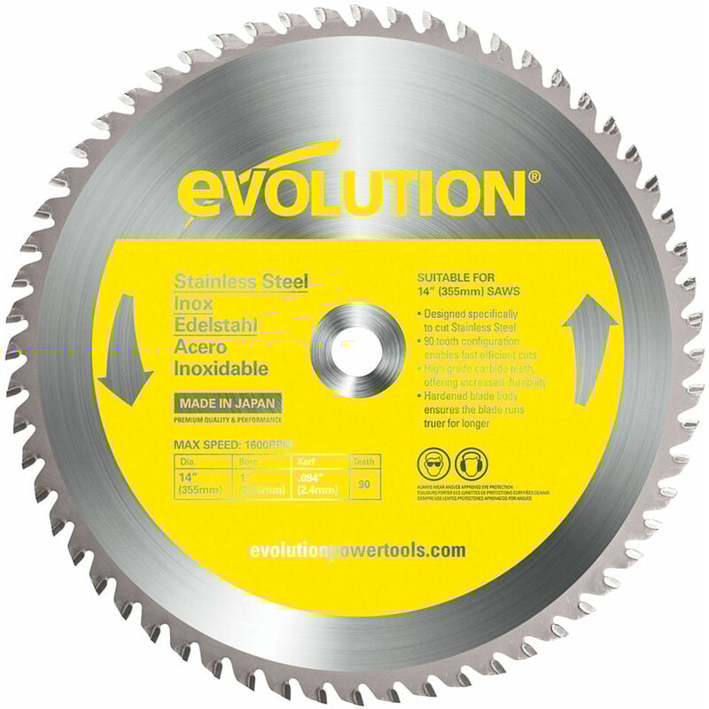 Evolution - Lame à acier inoxydable tct 355mm 90 dents alésage 25,4mm pour Scie à tronçonner