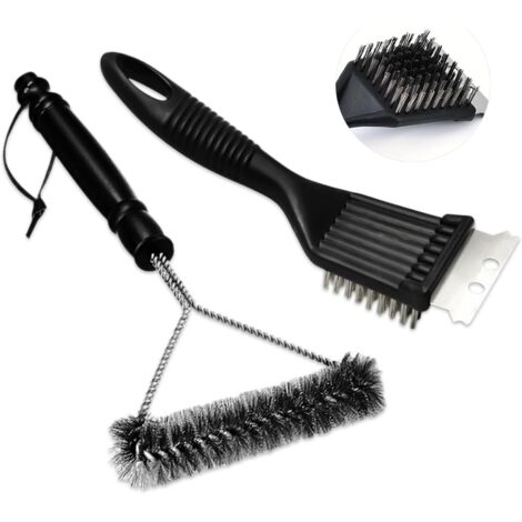 Brosse métallique de nettoyage pour barbecue, nettoyeur de barbecue, brosse métallique pointue 2 en 1 pour barbecue + brosse à grille bouclée en acier inoxydable, kit de nettoyage pour barbecue (noir)