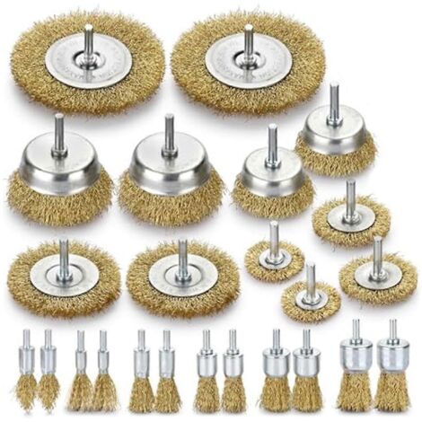 Brosse métallique pour perceuse - Lot de 24 brosses métalliques en laiton (brosse coupelle et brosse d'extrémité)