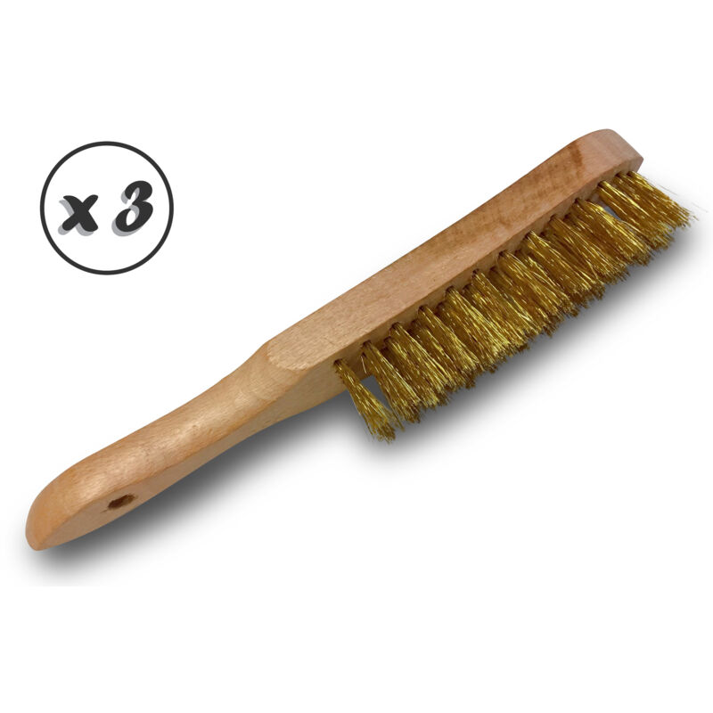Brosse métallique à main Type soudeur Manche ergonomique bois - Lot de 3 - Acier laitonné souple
