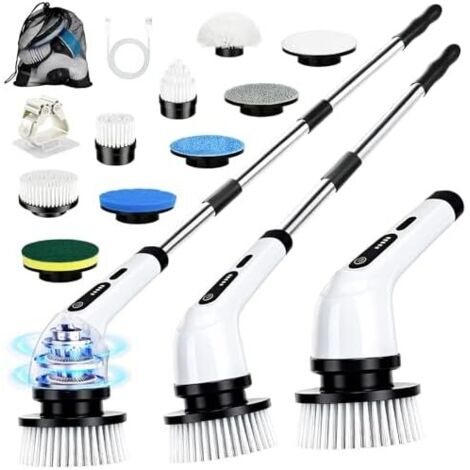 Brosse Nettoyage Electrique, 9 en 1 Rotative Nettoyage, avec Têtes de Brosses Interchangeables et Tige Télescopique, Electric Spin Scrubber pour Salle Bain, Cuisine, Voiture -