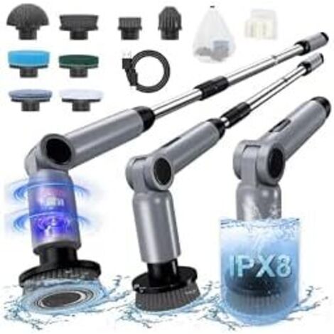 Brosse Nettoyage Electrique, [IPX8 Imperméable]  Rotative Nettoyage,Conception Pliant, avec Tige TéLescopique et 8 TêTes de Accessoires pour Salle De Bain,Voiture,Fenêtre,Douche Gris+noir -