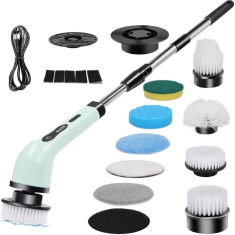 Brosse Nettoyage Electrique Rotative 9 en 1, Brosse Salle de Bain Nettoyage Rechargeable avec 9 Têtes de Brosse Remplaçables & Brosse Telescopique pour Salle de Bain Toilette(Vert)