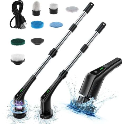 Brosse Nettoyage Électrique Rotative Sans Fil 7 Têtes Interchangeables Manche Réglable Affichage Salle Bain Carrelage Sols Noir