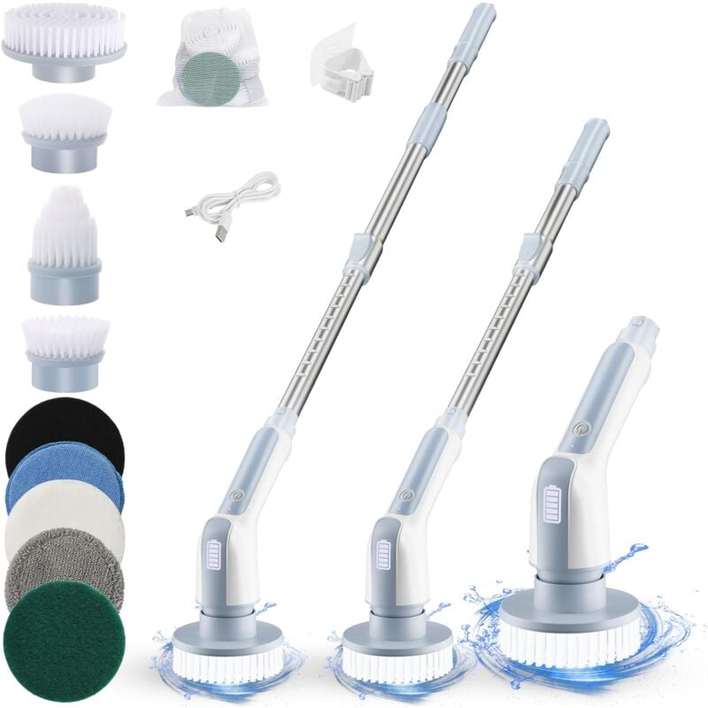 Tlgreen - Brosse Nettoyage Electrique,Brosse Nettoyante Salle Bain 2 Vitesses,Brosse Rotative Nettoyage,98-130cm Poignée Telescopique,avec 9 Têtes