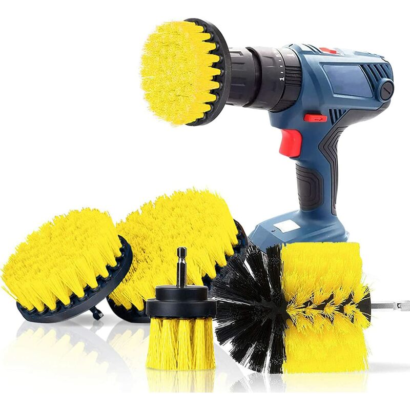 Brosse Nettoyage Perceuse 4 pièces, Brosse pour Perceuse Voiture Carrelage Tapis Baignoire Cuisine Toilettes Jaune