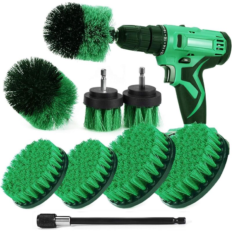 Brosse Nettoyage Perceuse 9 pièces, Brosse pour Perceuse Voiture Carrelage Tapis Baignoire Cuisine Toilettes,Vert