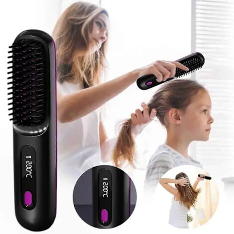 Brosse plate portable rechargeable 2026, peigne lisseur noir