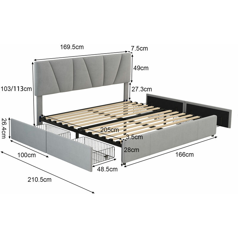 L&h-cfcahl - Lit double, Lit rembourré, Lit plateforme Kingsize avec quatre tiroirs sur deux côtés, Tête de lit réglable, Gris(160x200cm) l&h