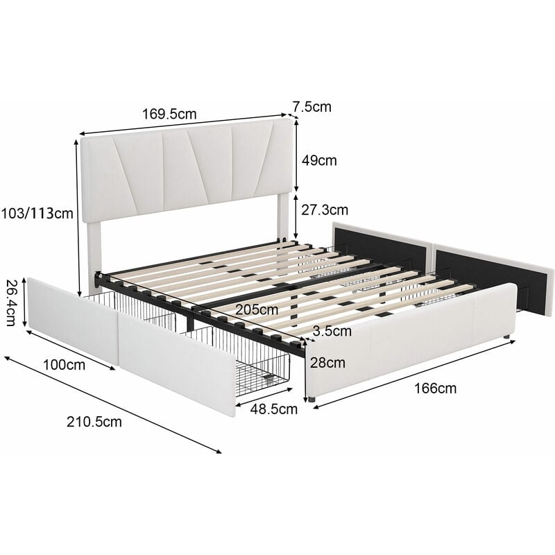 L&h-cfcahl - Lit double, Lit rembourré, Lit plateforme Kingsize avec quatre tiroirs sur deux côtés, Tête de lit réglable, Blanc(160x200cm) l&h