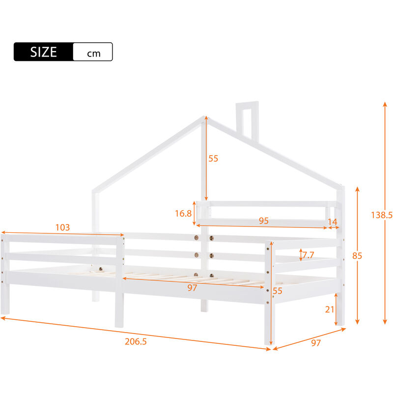 Lit cabane lit enfant avec étagère de rangement forme cheminée 90x200 blanc l&h