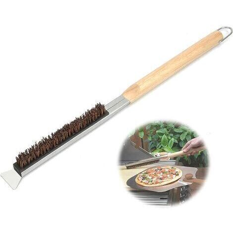 Brosse pour four à pizza, brosse de nettoyage pour pierre à pizza en fil de cuivre avec grattoir, outil de nettoyage pour barbecue avec manche en bois, accessoires pour four à pizza de cuisine