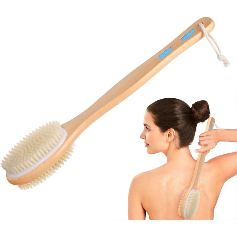 Brosse pour le corps, brosse pour le dos, brosse de bain/douche avec long manche et poils souples et rigides, tête de brosse double face pour