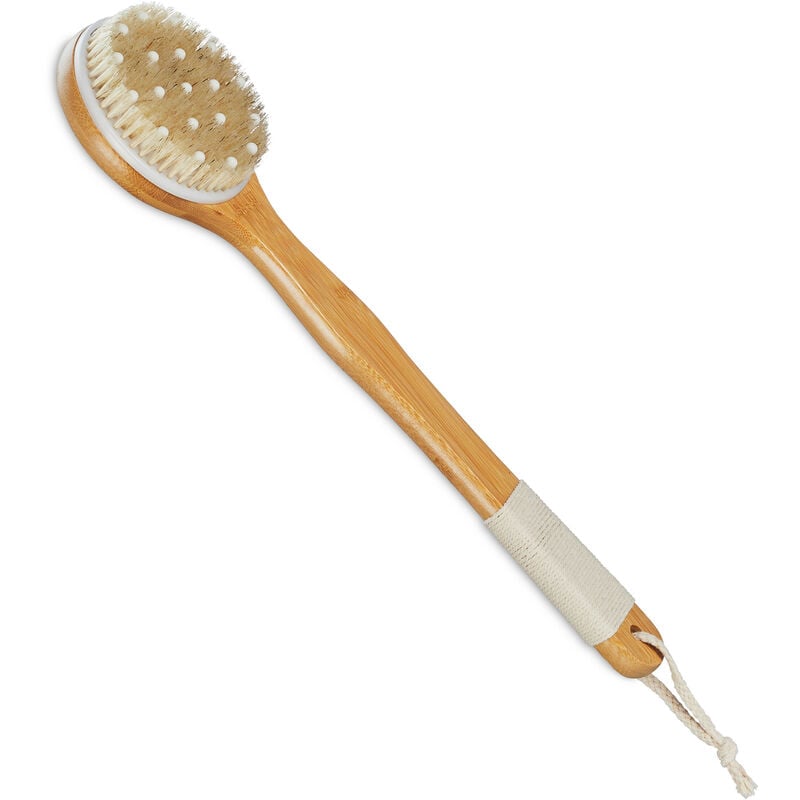 Brosse pour le dos, en bambou, long manche, 41 cm, avec picots, pour se doucher & masser, nature - crème - Relaxdays