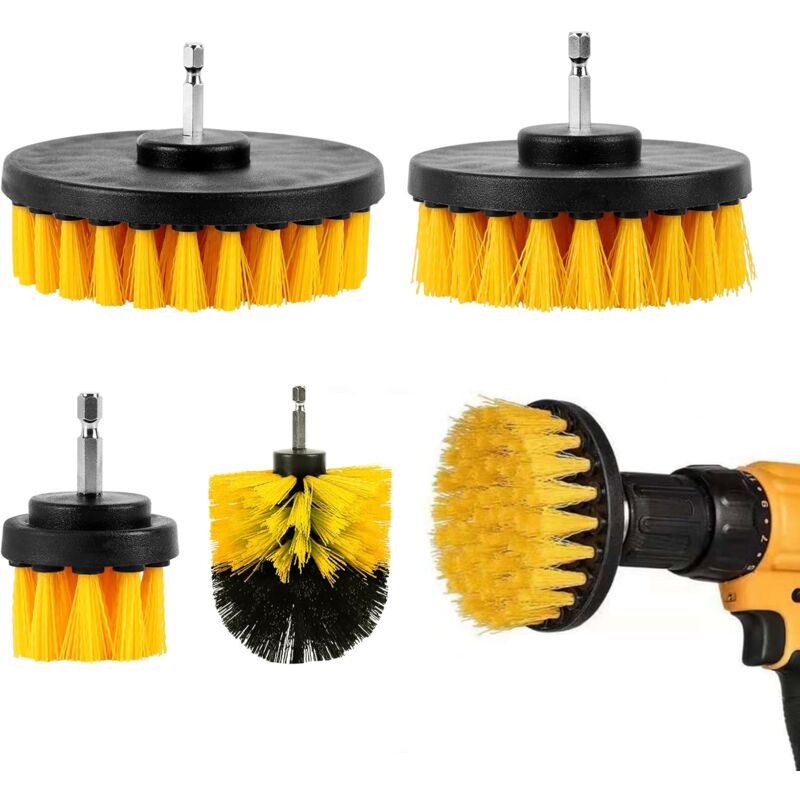 Brosse pour Perceuse Set, 4 Piece Brosse Nettoyage Perceuse 2''/ 3.5''/ 4''/ 5'', Jaune Brosse Nettoyage for Bathtubs, Bathroom Sinks, Kitchen Sinks,