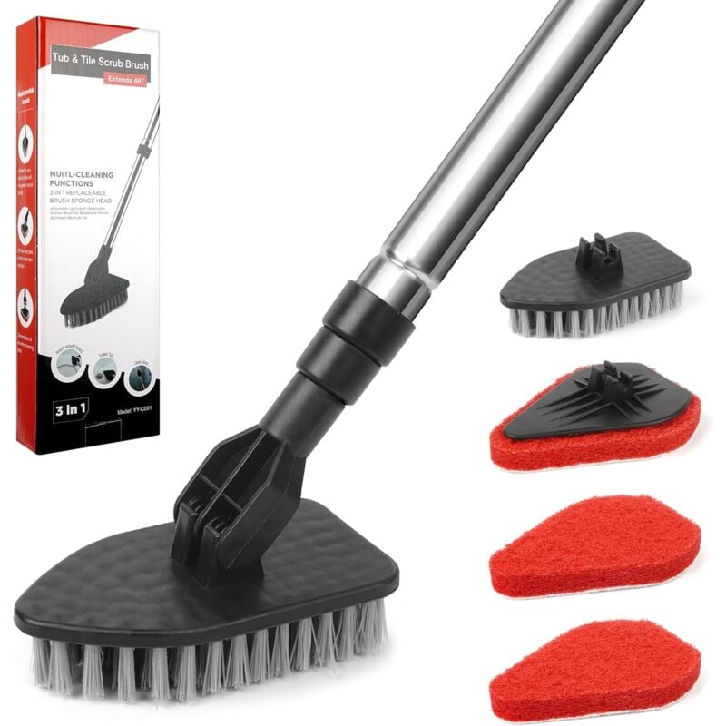 Basetbl - Brosse récurer carrelage 2 en 1 avec manche télescopique, poils rigides, pour nettoyage de salle de bain, cuisine, douche