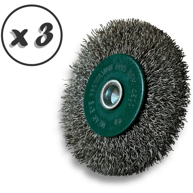 Kibros - Brosse circulaire métallique sur tige ø 75 mm Fil inox dur - Quantité x 3 - ø 75 mm - Ep. 12 mm - Inox dur