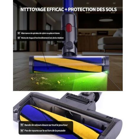 Brosse rotative de rechange pour aspirateurs Dyson V15, V11, V10, V8 et V7 – Indicateur LED vert pour sols durs – Brosse rotative douce et résistante – Installation facile