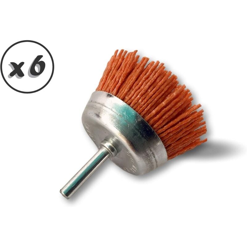 Memkey - Brosse rotative métallique coupe ø 75 mm Lot de 6 Sur tige ø 6 mm Brins nylon abrasif grain 80 Pour perceuse ou visseuse à mandrin
