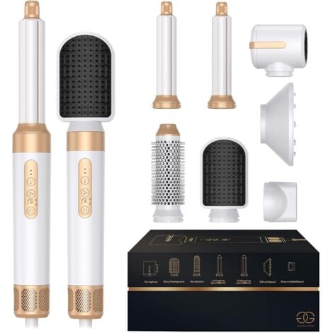 AUTRES Brosse Soufflante avec 7 accessoires, Airstyler 7-en-1, Sèche-cheveux, pour sécher, Brosse Coiffante Chauffante, Pour Lisser, Boucler, White/Gold Edition