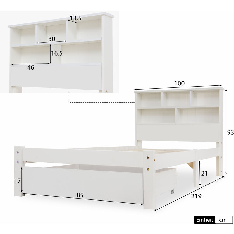 L&h-cfcahl - 90x200cm Lit simple en bois massif avec tiroirs et sommiers à lattes, bibliothèque adolescents et adultes Lit d'enfant,Blanc