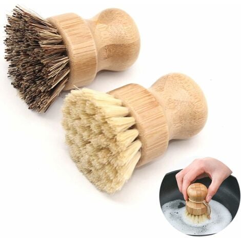 Brosse Vaisselle en Bambou Brosse Vaisselle en Bois Brosse à Pot de Poils Brosse Champignon Brosse Legumes Brosse à Poêle Brosse à évier Brosse à Récurer Ronde Brosses de Nettoyage pour Cuisine 2pcs
