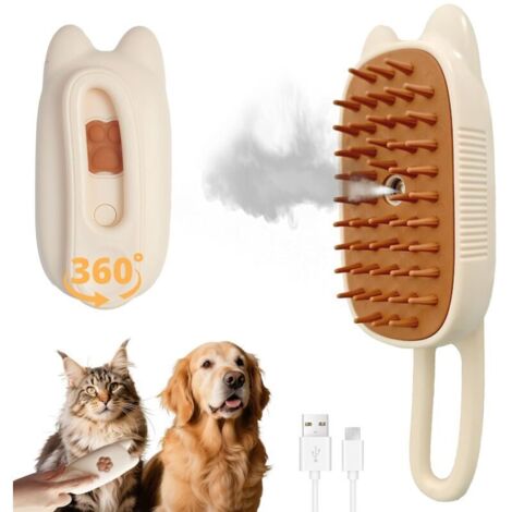 Brosse vapeur 4 en 1 pour chats et chiens, rechargeable, antistatique, avec spray démêlant et peigne pour animaux.(blanc cassé)