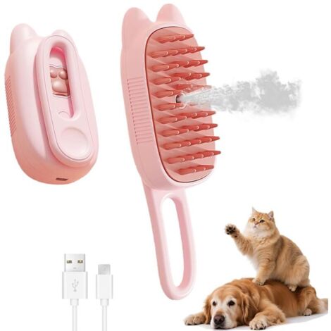 Brosse vapeur 4 en 1 pour chats et chiens, rechargeable, antistatique, avec spray démêlant et peigne pour animaux.(rose)