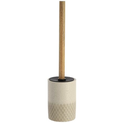 Brosse WC avec support en résine Beige gravée et manche en Bois - TENDANCE