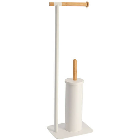 Brosse WC avec support et Dérouleur Papier toilette en métal Blanc et Bambou H 69.5 cm - TENDANCE - Blanc
