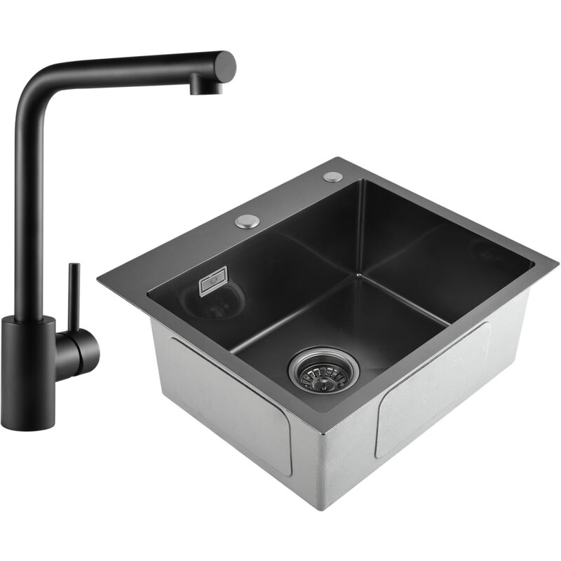 Cecipa - 2 en 1 Evier 1 bac Noir gris 504518.5cm + Mitigeur de Cuisine Robinet pour Evier Noir