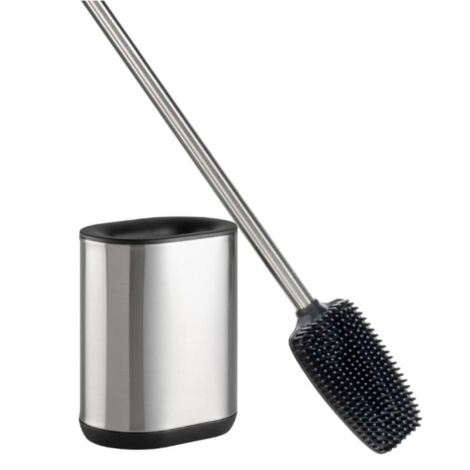 Brosse WC en silicone avec support - Argent - 11,4 x 7,5 x 49,5 cm - Fixation murale ou au sol - Acier inoxydable