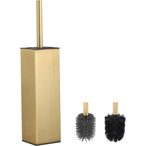 Brosse WC et Support - en Silicone - 2 têtes de Brosse - Carré en Aluminium - pour Le Nettoyage de la Salle de Bain - Doré